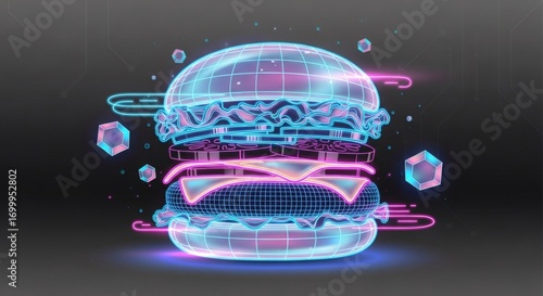 Futuristic Neon Burger Illustration A Digital Art Representation of Fast Food and Cyberpunk Aesthetics