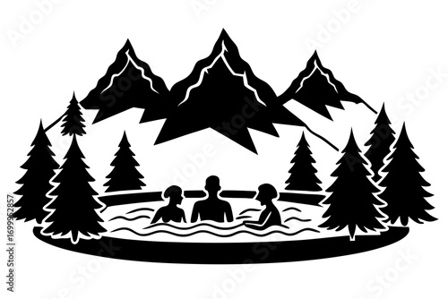  hot spring in snowy mountains silhouette vector illustration