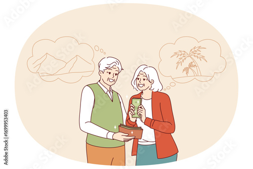 Cash stash for summer travel for seniors dreaming of trip to beach or cruise to island paradise. Cash stash for opportunity to go at tropical resort with palm trees and beautiful nature