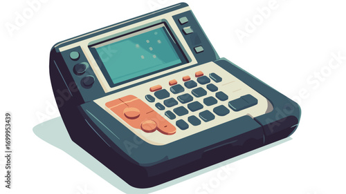 Isometric illustration of a retro digital device. The device is predominantly dark blue and beige, featuring a small screen displaying a partially visible graphic, a keyboard with light beige keys,