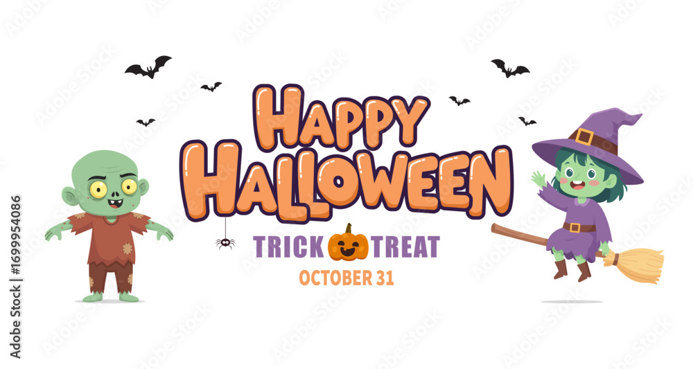 Fototapeta premium Halloween horizontal banner on a white background. Happy Halloween Party. Trick or Treat. Witch and zombie characters. Vector illustration