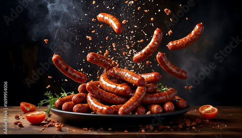 Grilled sausages with sizzling spices falling around, stacked on a black plate with fresh herbs and cherry tomatoes, perfect for food ads, menus, and social media promotions.