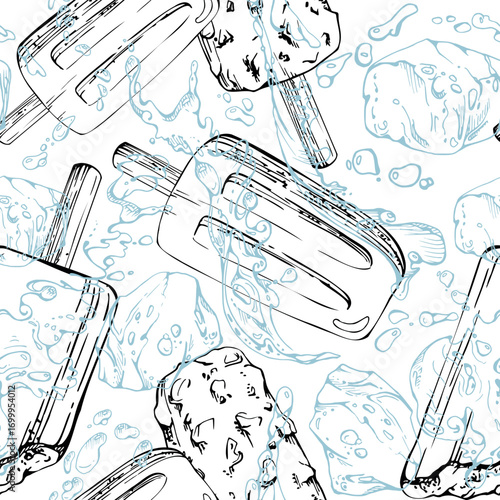 Melting popsicle lolly, ice cream stick coated with crushed nuts, cube cold splash droplets. graphic seamless pattern illustration hand drawn in vector ink. Snack menu design, topping sampler sheet