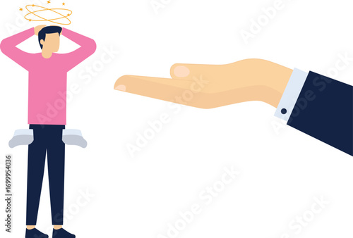  Demanding money from a poor man. Concept business vector illustration, Bankruptcy, Tax.

