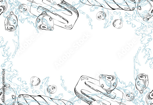 Popsicle ice lolly stick in cherry berry fruit juice splashes, waves drops. graphic border frame illustration hand drawn in vector ink. Summer treats, refreshing heatwave poster, frozen goods wrap
