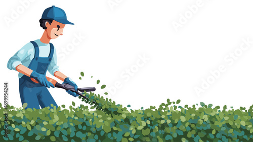 A digital illustration depicting a cartoon-style gardener wearing a blue cap and overalls, using hedge trimmers to trim a vibrant green hedge. The image is set against a white background