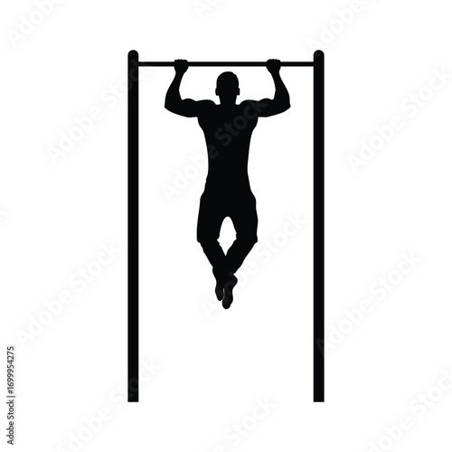 A strong male athlete captured in a black silhouette, hanging from a pull-up bar, demonstrating upper body strength and fitness. This image represents training, dedication, and active sports.
