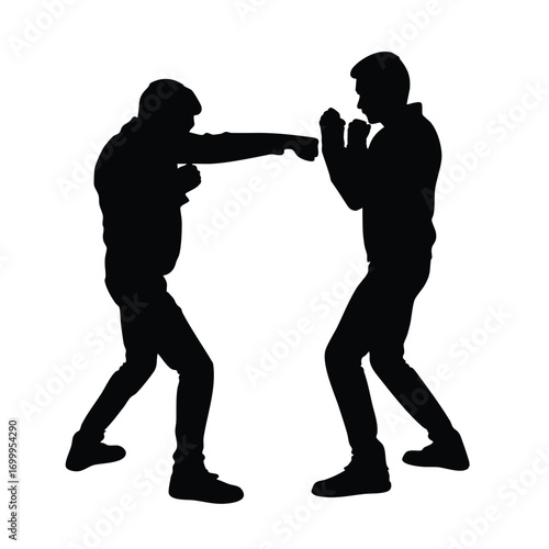 A dynamic black silhouette depicting two men engaged in a boxing match or fight, showcasing action, conflict, and self-defense training. Ideal for themes of sports, competition, or confrontation.