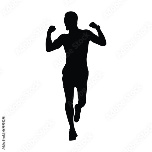 A victorious runner captured in a black silhouette, running forward with both fists raised in triumph. This image symbolizes victory, success, achievement, and winning a competition.