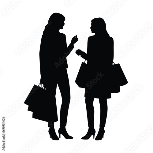 Silhouette showing two female friends standing and chatting, holding multiple shopping bags. This image symbolizes friendship, retail therapy, and the social aspect of shopping.
