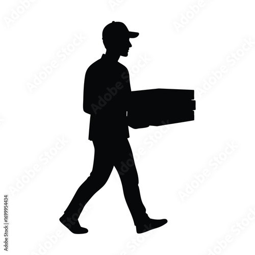 Silhouette of a delivery man wearing a cap and carrying stacked pizza boxes. This image represents food delivery services, couriers, and the fast-paced nature of modern takeout.