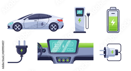 Electric Vehicle Charging Components Sleek White Car, Charging Station, Dashboard Display, Power Plug, Battery Icon, and Power Outlet for Sustainable Transportation