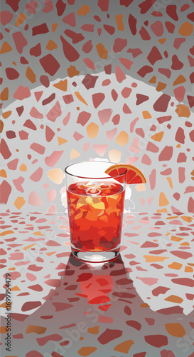 A vibrant ruby red drink with ice and a citrus garnish, set against a backdrop of red and orange terrazzo patterns. Features strong lighting and a modern, refreshing aesthetic.