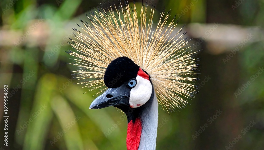 Fototapeta premium Close-up of a Grey Crowned Crane's striking head, showcasing the vibrant colors and intricate details of its plumage, against a softly blurred natural backdrop.
