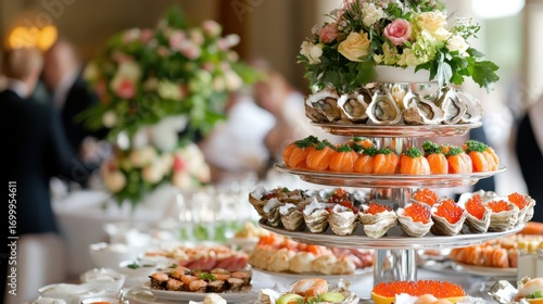 A seafood tower with fresh oysters, lobsters, and caviar, beautifully arranged
