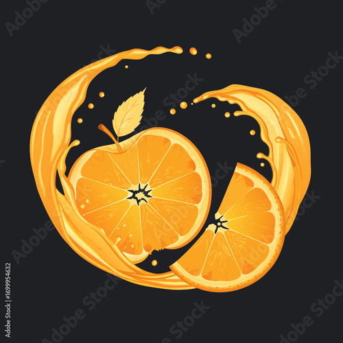orange, juice, splash, fruit, apple shape, dynamic, fresh, liquid, pour, movement, healthy, drink, beverage, energy, vitamin, explosion, flow, vector, illustration, food, dark background, realistic, w