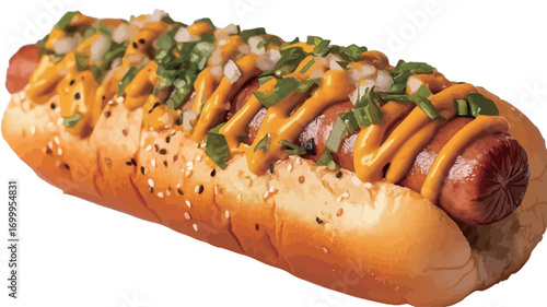 Close-up studio shot of a gourmet hot dog on a soft bun. The hot dog is topped generously with yellow mustard, finely chopped white onions, and chopped green onions.