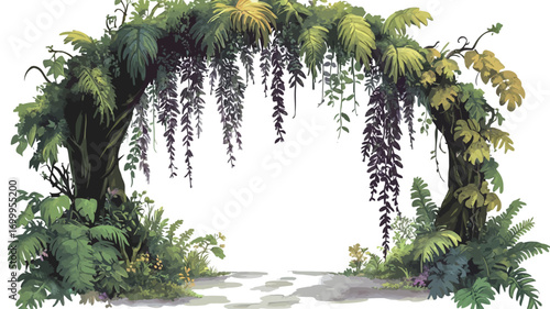 A digital illustration depicting a lush, tropical archway formed by intertwined vines, ferns, and other tropical plants. The arch is semi-circular, with two thick tree trunks forming the base.