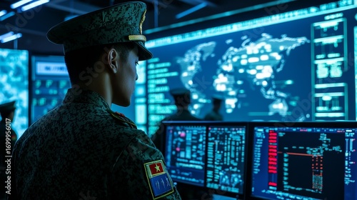 military personnel in a high tech government hacking room work on stealing state secrets