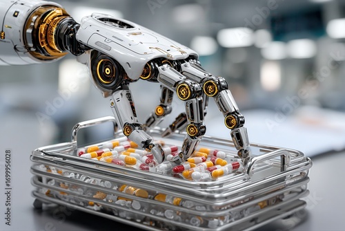 Futuristic robotic hand reaching into metallic basket filled with colorful capsules, symbolizing precision handling, sterile efficiency and advanced automation in futuristic medical healthcare setting