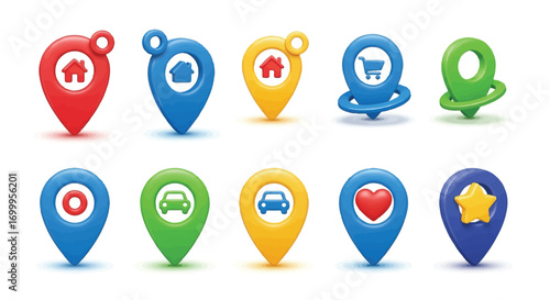 Colorful 3D location markers icons set for map, navigation, travel or real estate 