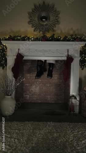 4k: Father Christmas coming down the chimney on Christmas Eve. Santa brings a sack of presents and gifts. Vertical. Stock Video Clip Footage