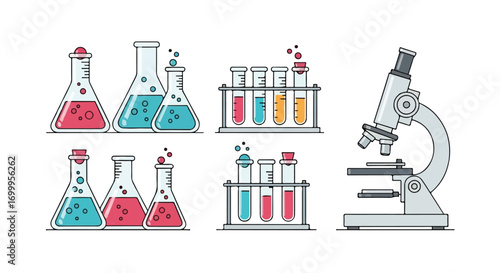 Collection of laboratory equipment, including beakers, test tubes, and a microscope, representing science and education