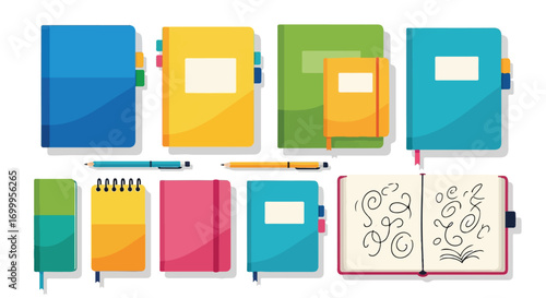 Colorful Notebooks and Stationery Set – Flat School and Office Supplies Illustration