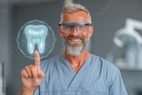 Smiling dentist in AR glasses interacts with glowing holographic 3D tooth, symbolizing precision digital dental care innovation