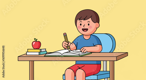 Young student happily writing in a notebook at his desk, with an apple and books, learning in a classroom scene
