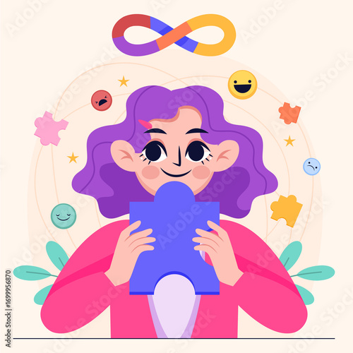Girl Representing Neurodiversity with Puzzle Piece Flat Composition