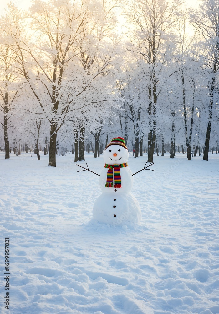 Obraz premium A happy snowman with a red hat and scarf standing in a snowy winter park