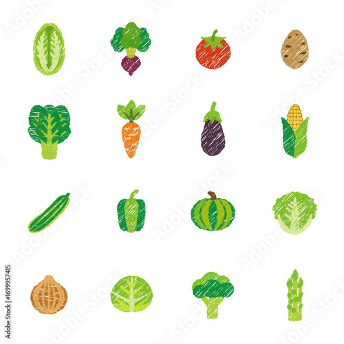 野菜のアイコンのセット　ベクターイラスト　手描き風