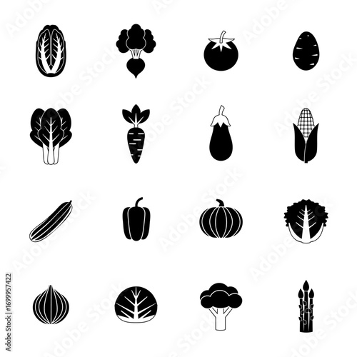 野菜のアイコンのセット　ベクターイラスト　黒白
