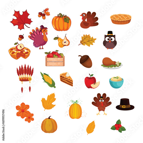 Thanksgiving day elements. Happy family autumn holiday, traditional food, harvest festival, pumpkins, turkey and pie, pilgrim hat and harvest, tidy vector isolated set