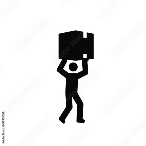 Worker man silhouette carrying heavy box overhead for delivery shipping and transportation concept vector illustration