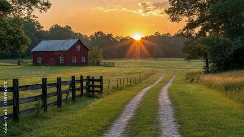Idyllic Farm Scene with Bright Red Barn, Winding Dirt Path, and Stunning Golden Sunset Casting Long Rays Across Green Fields