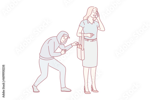 Robbery, thief and crime concept. Young man robber thief in hood trying to steal female belongings from her bag outdoors vector illustration