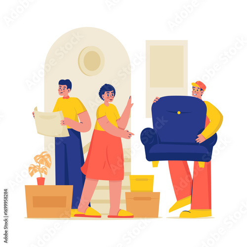 Family Arranging Furniture in New Home After Moving Vector Illustration