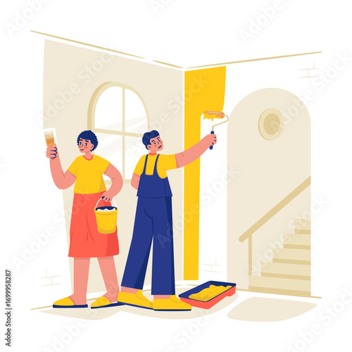 Couple Painting Walls for New Home Renovation Vector Illustration