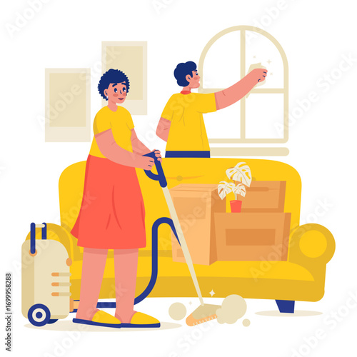 Family Cleaning New Home After Moving House Vector Illustration