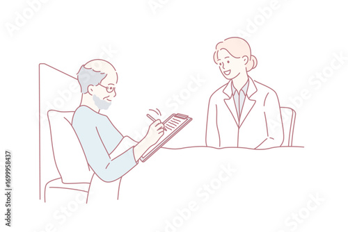 Making will and approval for operation concept. Old smiling ill man sitting in bed signing will or approval in hospital with doctor nurse sitting nearby vector illustration