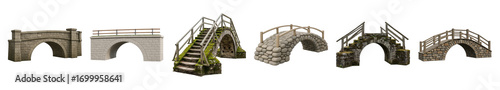 Stone and wooden bridge set including arched, stepped, and railing designs isolated. Architectural elements for landscape and game design.