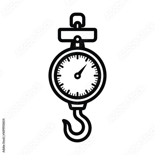 Industrial hanging scale with hook and dial for measuring weight and load white background