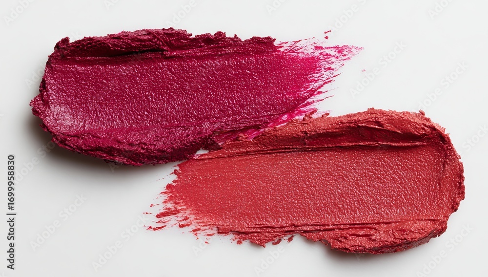 Fototapeta premium Lipstick texture smears on white background, red and berry cosmetic swatches, makeup product samples
