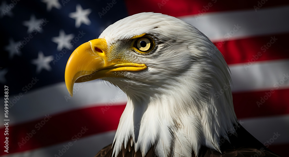 Fototapeta premium Majestic Bald Eagle Portrait Against a Symbolic American Flag Backdrop