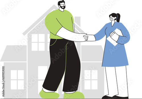 Illustration of a Man and Woman Shaking Hands in Front of a Stylized House