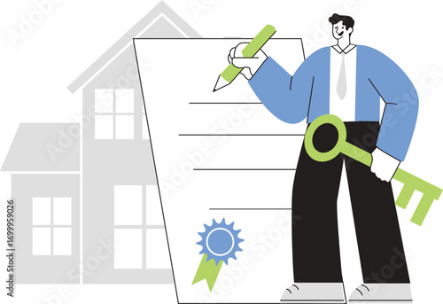 Illustration of a Person in Blue Shirt Signing a Document with a Green Key Symbol and a House in the Background