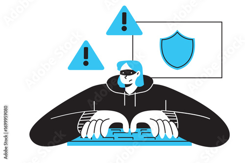 Cybersecurity Hacker in Hooded Sweatshirt Typing on Keyboard with Warning Signs and Shield Icon Overhead