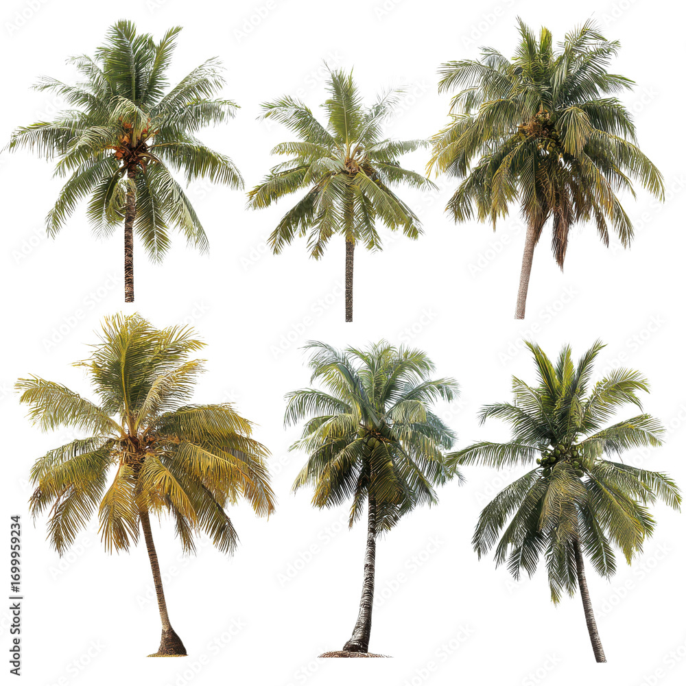 Obraz premium Different varieties of coconut palms showcase distinct foliage and growth patterns on a neutral backdrop
